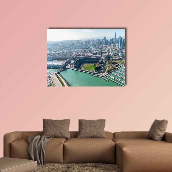 San Francisco Waterfront Skyline Canvas Wall Art in gray, green and blue, single panel hung on a wall