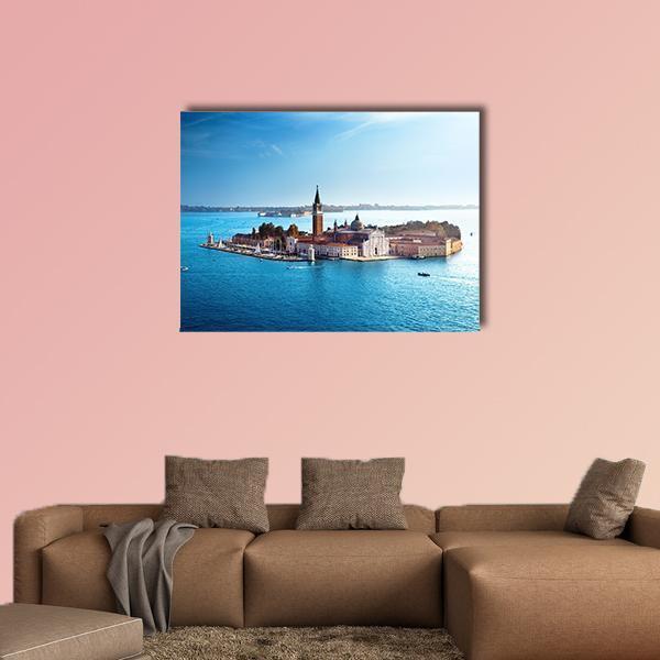 San Giorgio Island View, Venice Canvas Wall Art in white and blue, single panel hung on a wall