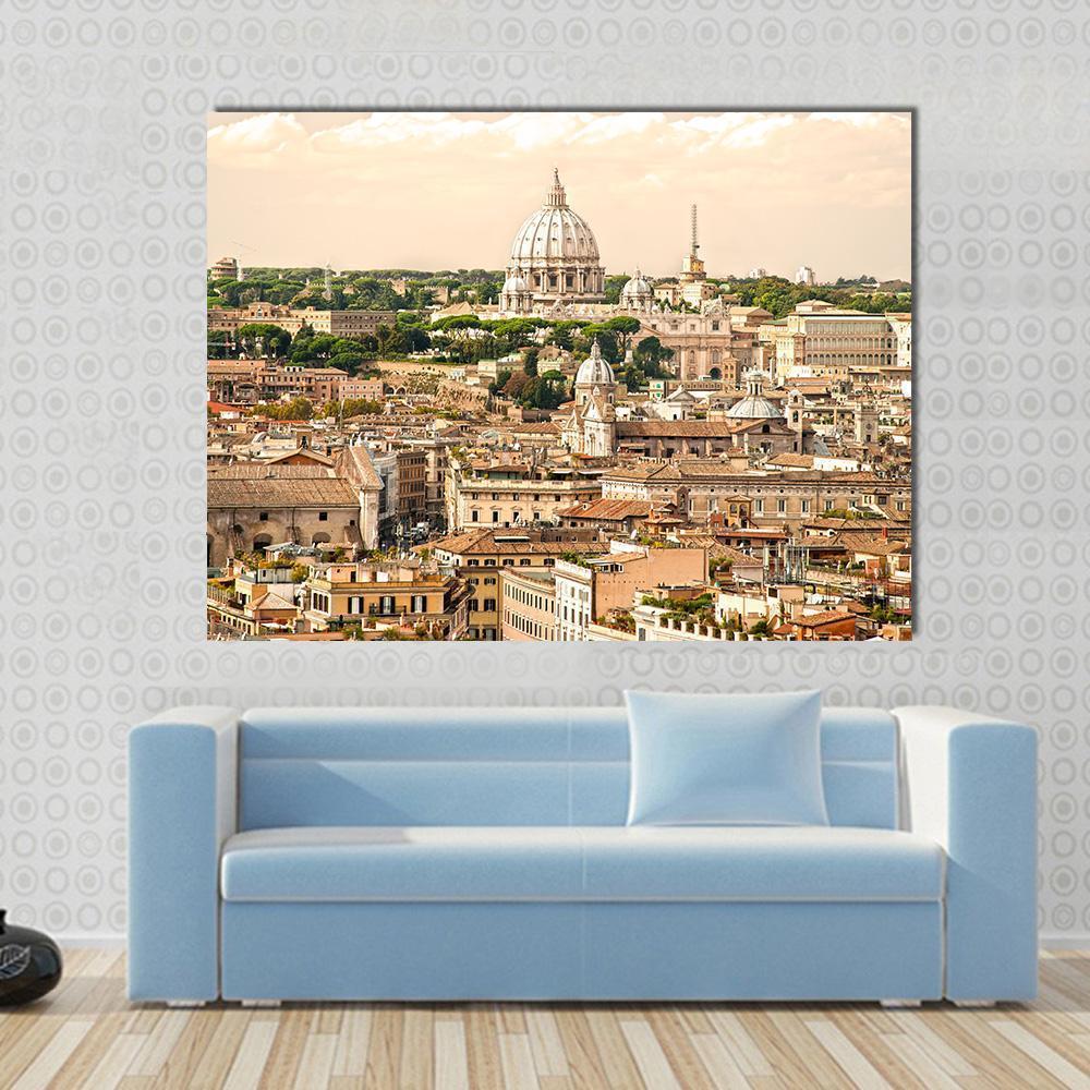 St. Peter's Basilica Cityscape Canvas Wall Art in beige and brown, single panel hung on a wall