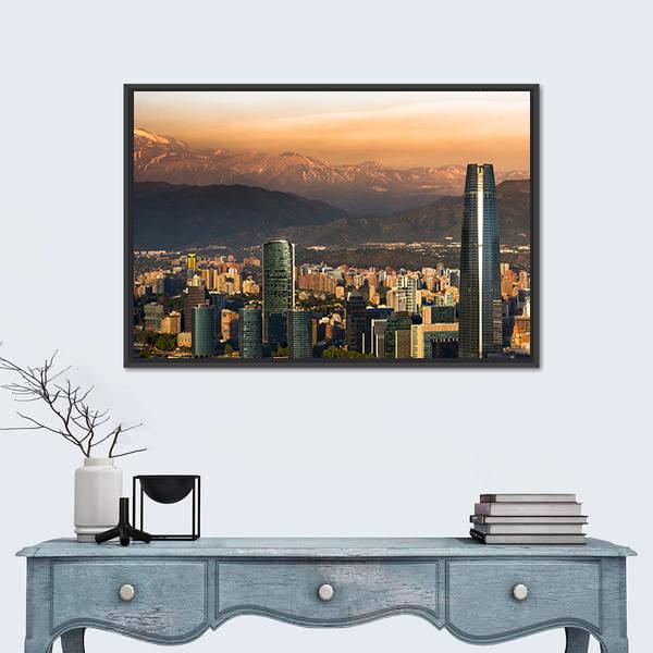 Santiago Skyline at Golden Hour Canvas Wall Art in gray, gold and orange, framed canvas, product view on a white background