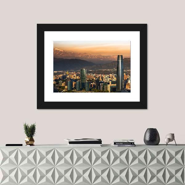 Santiago Skyline at Golden Hour Canvas Wall Art in gray, gold and orange, framed print, product view on a white background