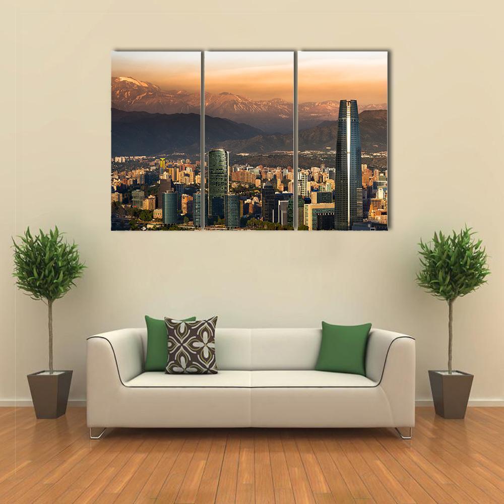 Santiago De Chile Skyline at Sunset Canvas Wall Art in gray, orange and yellow, 3 panel horizontal set hung on a wall