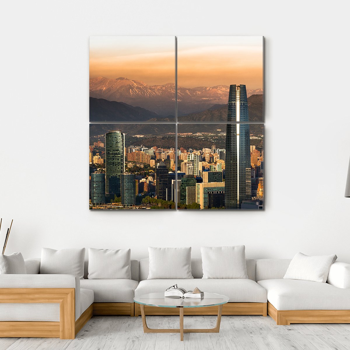 Santiago Skyline at Golden Hour Canvas Wall Art in gray, gold and orange, single panel hung on a wall