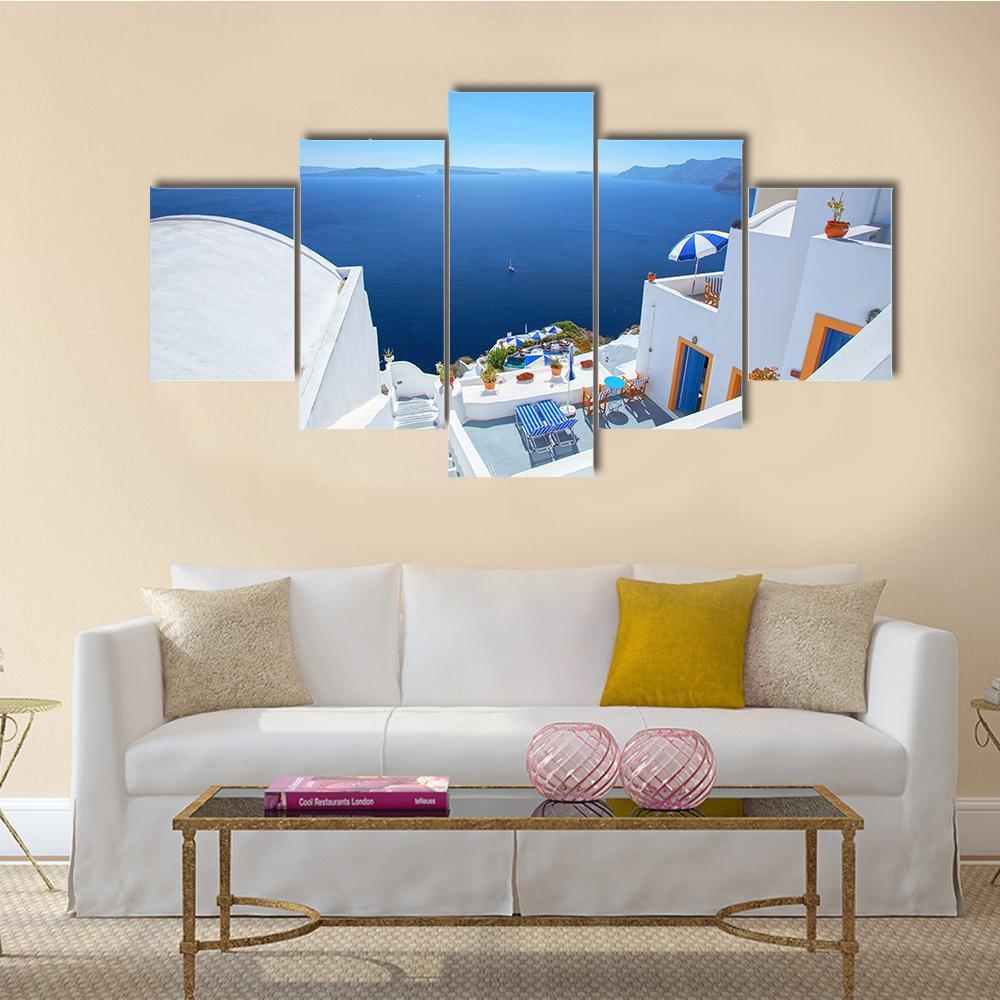 View Of Santorini Island Canvas Wall Art-5 Star-Gallery Wrap-62" x 32"-Tiaracle