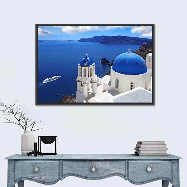 View Of Santorini With Churches And Sea Canvas Wall Art-1 Piece-Floating Frame-24" x 16"-Tiaracle