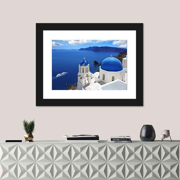 View Of Santorini With Churches And Sea Canvas Wall Art-1 Piece-Framed Print-20" x 16"-Tiaracle