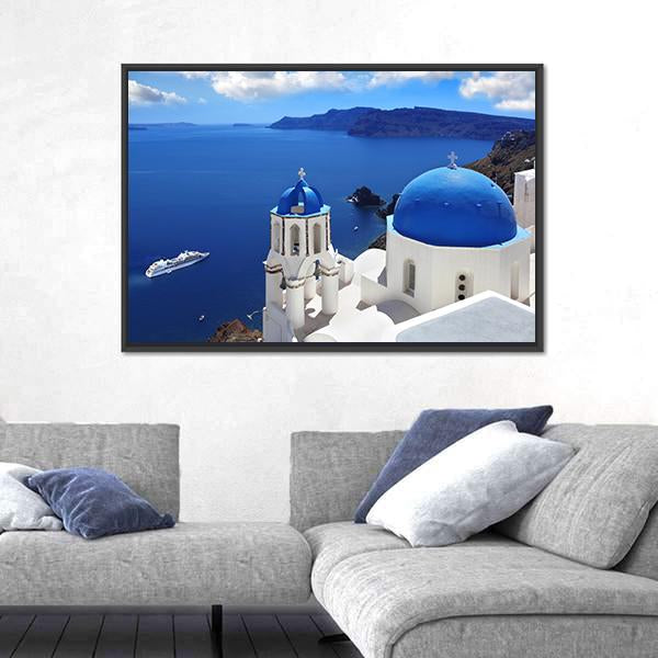 View Of Santorini With Churches And Sea Canvas Wall Art-3 Horizontal-Gallery Wrap-25" x 16"-Tiaracle
