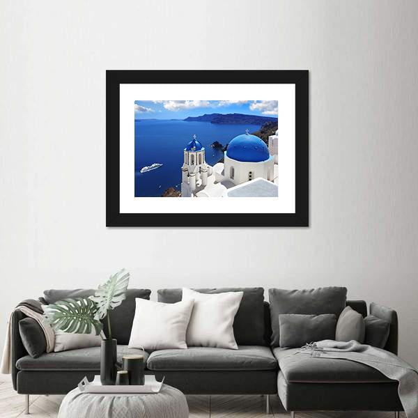 View Of Santorini With Churches And Sea Canvas Wall Art-3 Horizontal-Gallery Wrap-25" x 16"-Tiaracle