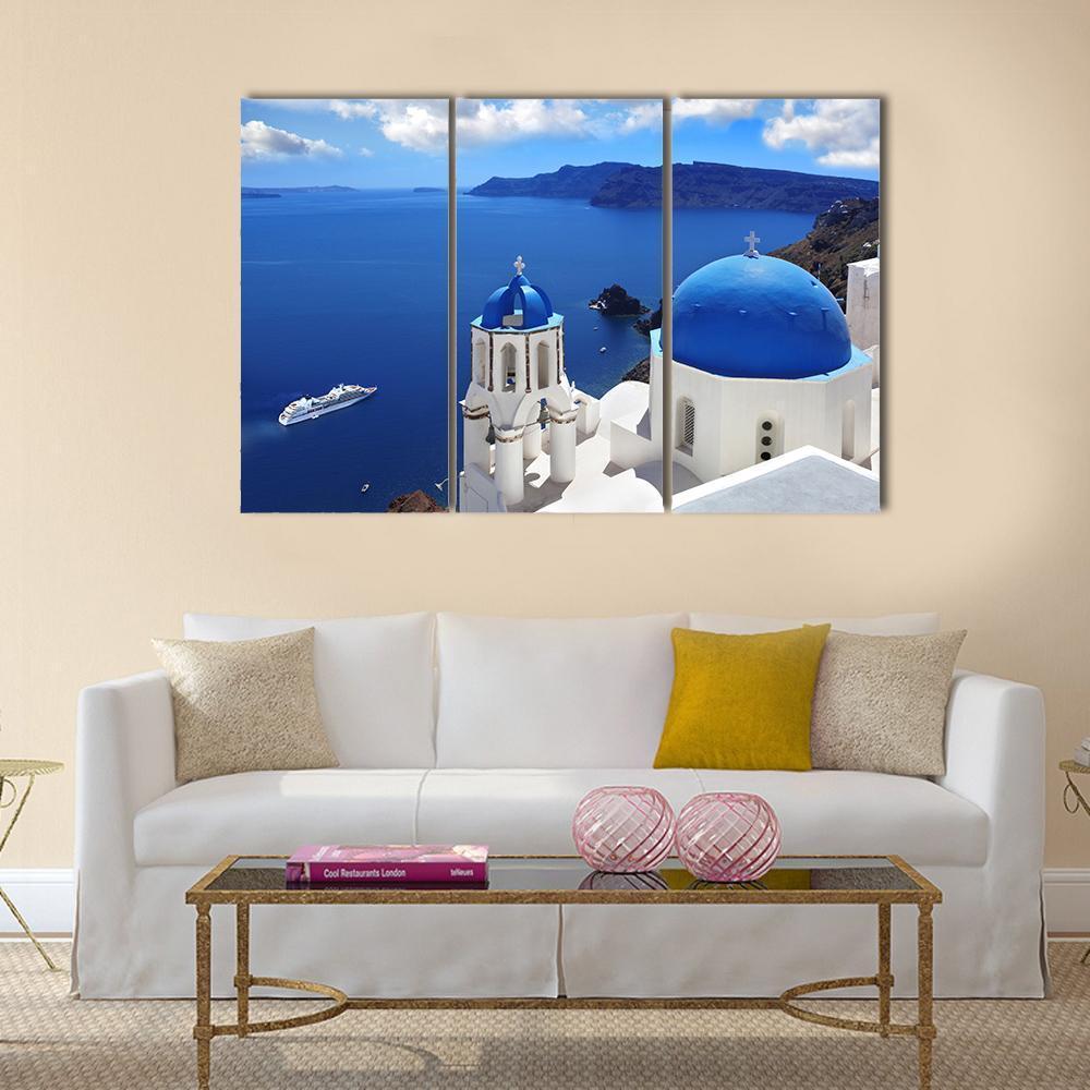View Of Santorini With Churches And Sea Canvas Wall Art-3 Horizontal-Gallery Wrap-37" x 24"-Tiaracle