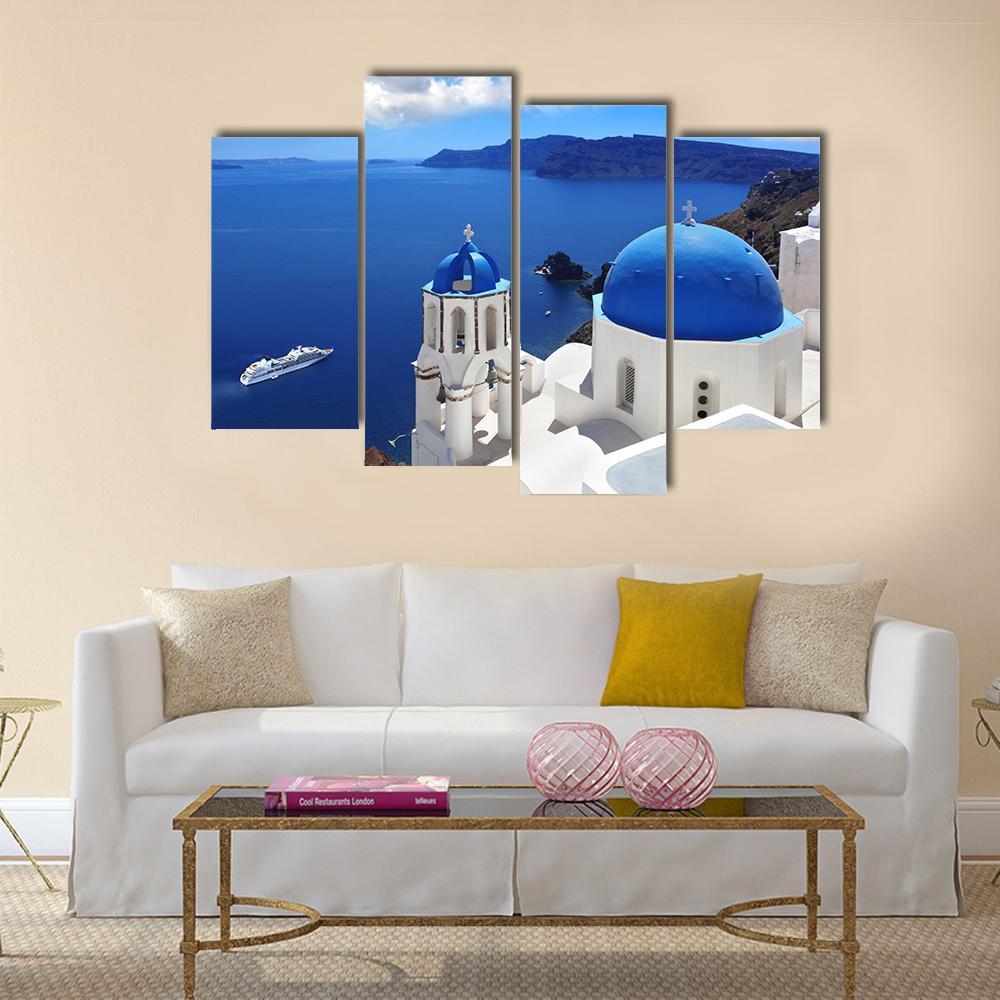 View Of Santorini With Churches And Sea Canvas Wall Art-4 Pop-Gallery Wrap-50" x 32"-Tiaracle