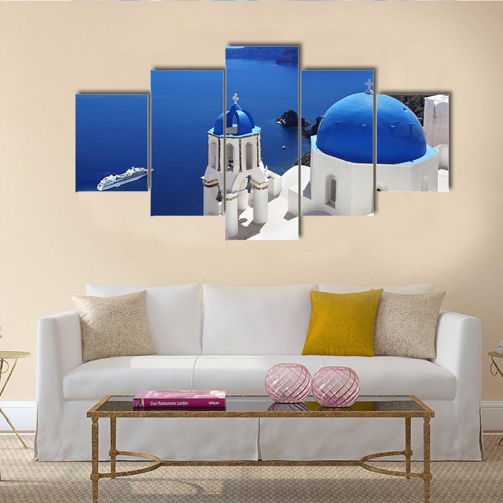 View Of Santorini With Churches And Sea Canvas Wall Art-5 Star-Gallery Wrap-62" x 32"-Tiaracle