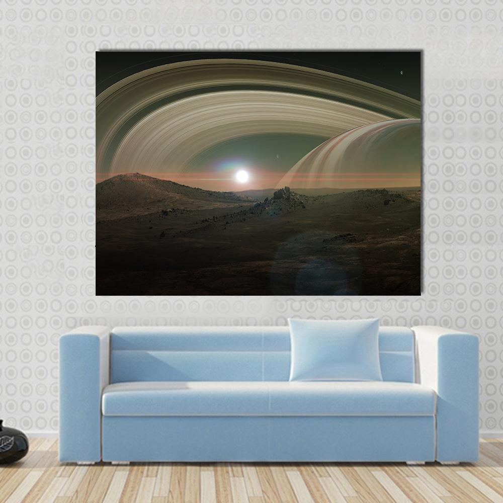 View of Saturn from Titan Canvas Wall Art in gray, brown and gold, single panel hung on a wall