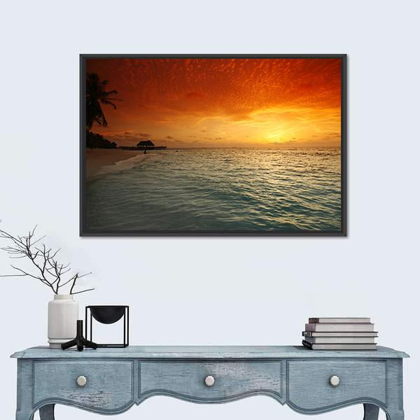 View Of Sea And Empty Beach With Palms On Sunset Canvas Wall Art-1 Piece-Floating Frame-24" x 16"-Tiaracle