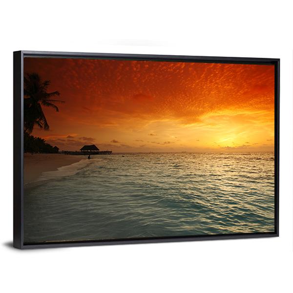 View Of Sea And Empty Beach With Palms On Sunset Canvas Wall Art-3 Horizontal-Gallery Wrap-25" x 16"-Tiaracle