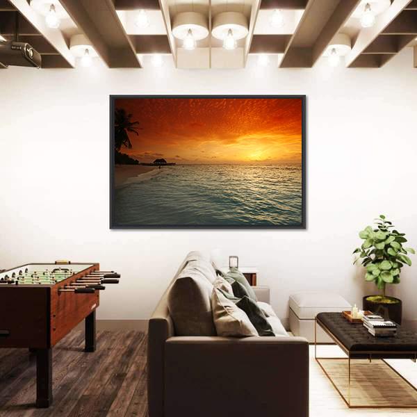 View Of Sea And Empty Beach With Palms On Sunset Canvas Wall Art-3 Horizontal-Gallery Wrap-25" x 16"-Tiaracle