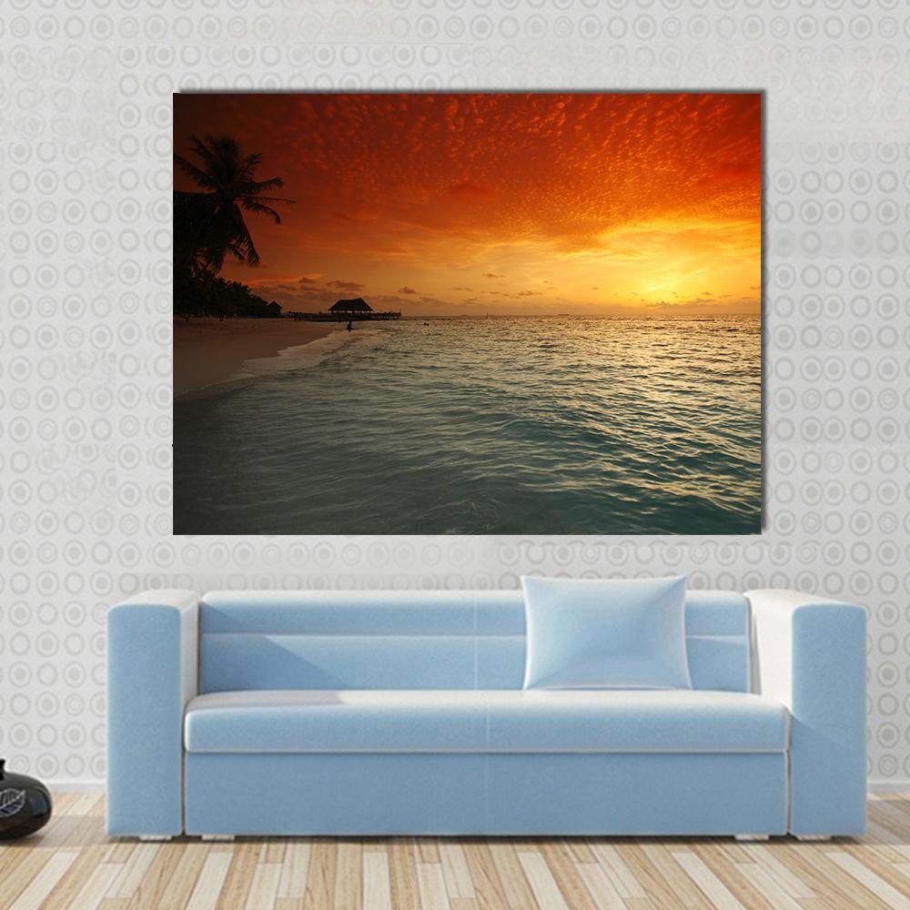 View Of Sea And Empty Beach With Palms On Sunset Canvas Wall Art-1 Piece-Gallery Wrap-48" x 32"-Tiaracle