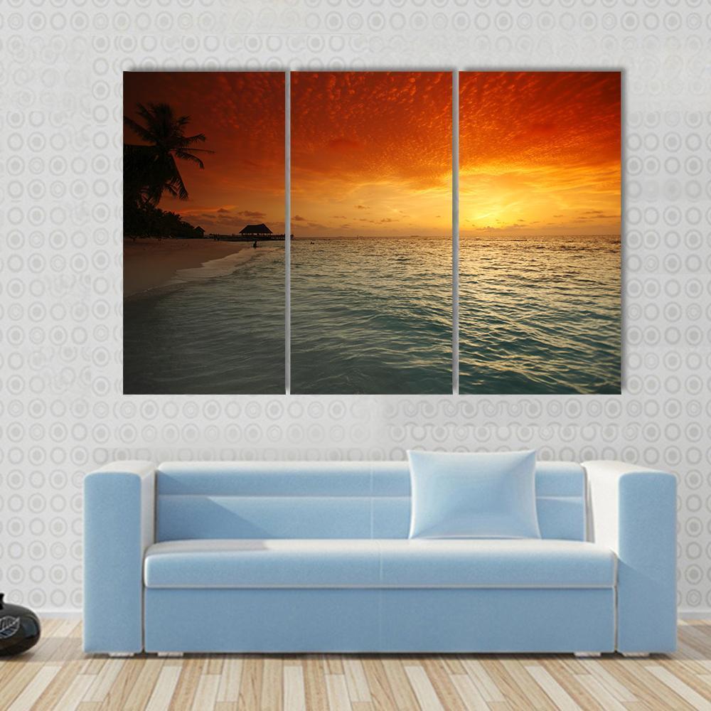 View Of Sea And Empty Beach With Palms On Sunset Canvas Wall Art-3 Horizontal-Gallery Wrap-37" x 24"-Tiaracle