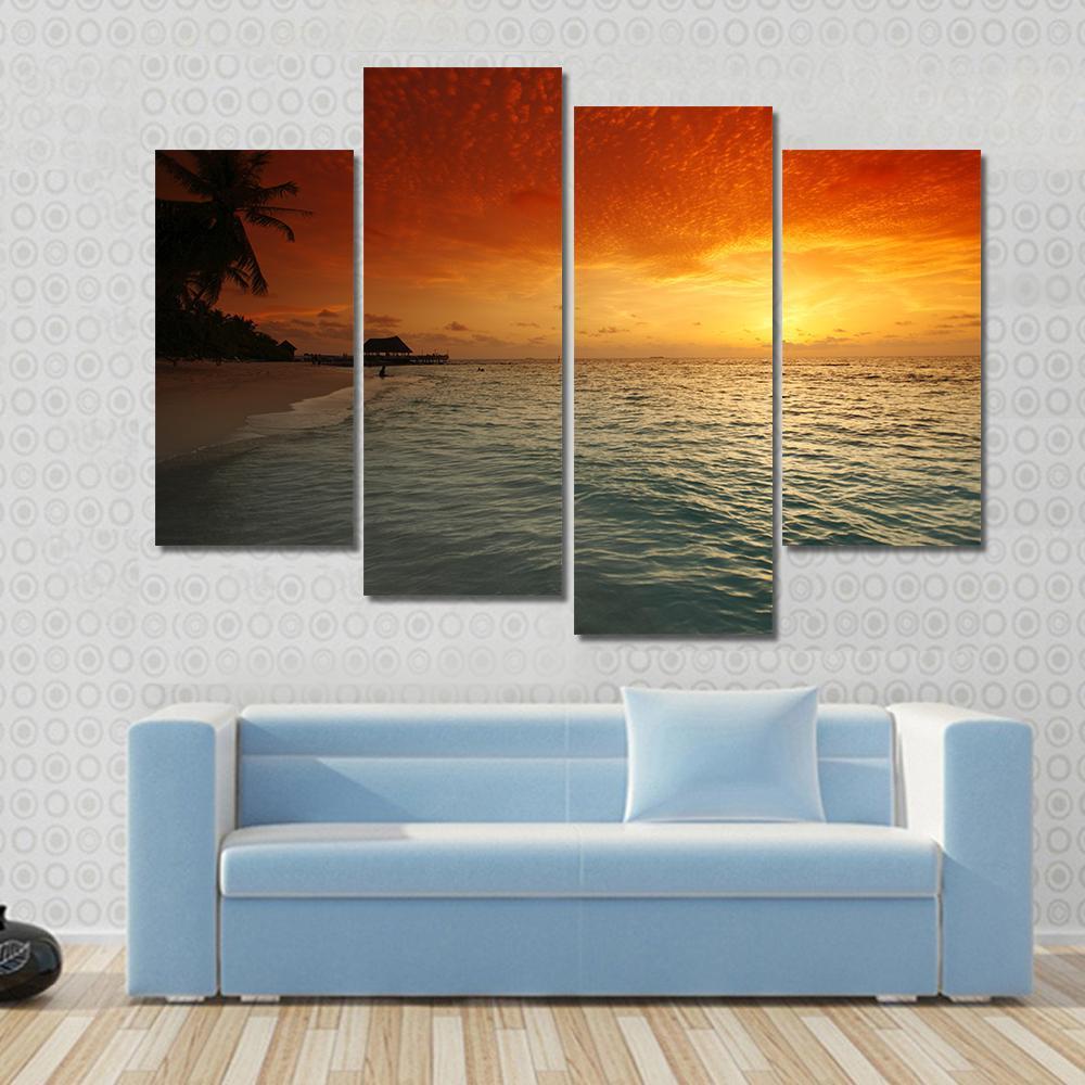 View Of Sea And Empty Beach With Palms On Sunset Canvas Wall Art-4 Pop-Gallery Wrap-50" x 32"-Tiaracle