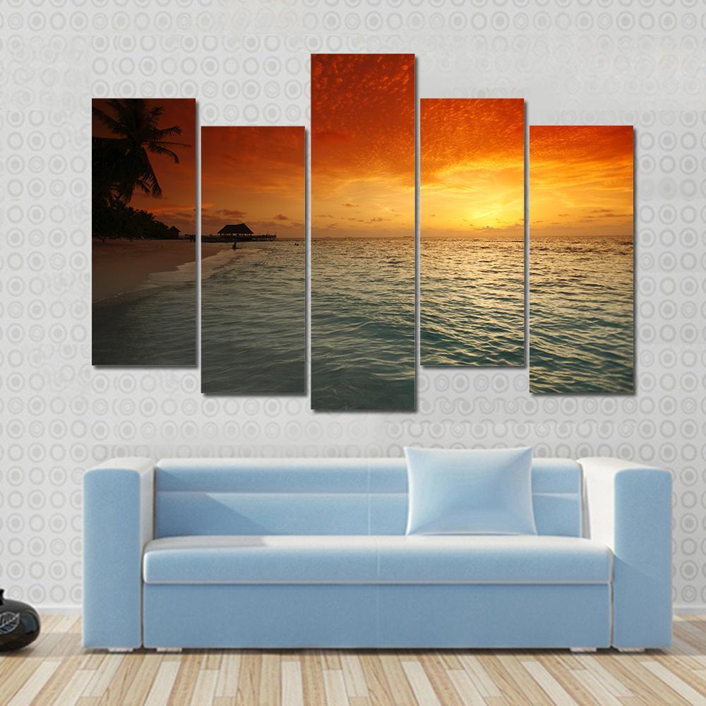 View Of Sea And Empty Beach With Palms On Sunset Canvas Wall Art-5 Pop-Gallery Wrap-47" x 32"-Tiaracle
