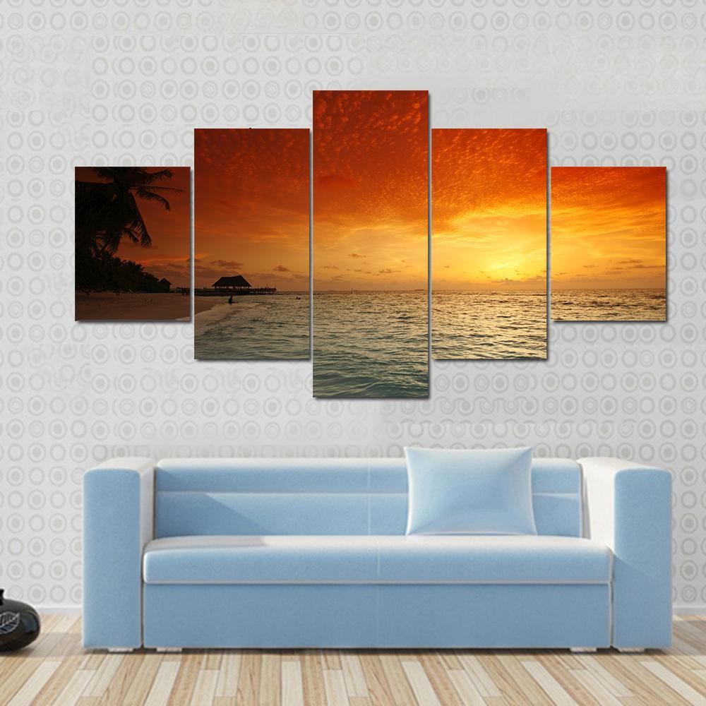 View Of Sea And Empty Beach With Palms On Sunset Canvas Wall Art-5 Star-Gallery Wrap-62" x 32"-Tiaracle
