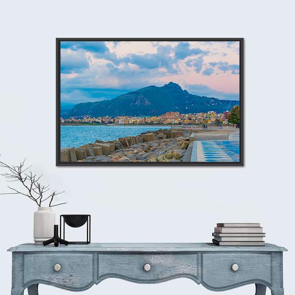 View Of Seaside Of The Sicilian City Canvas Wall Art-1 Piece-Floating Frame-24" x 16"-Tiaracle