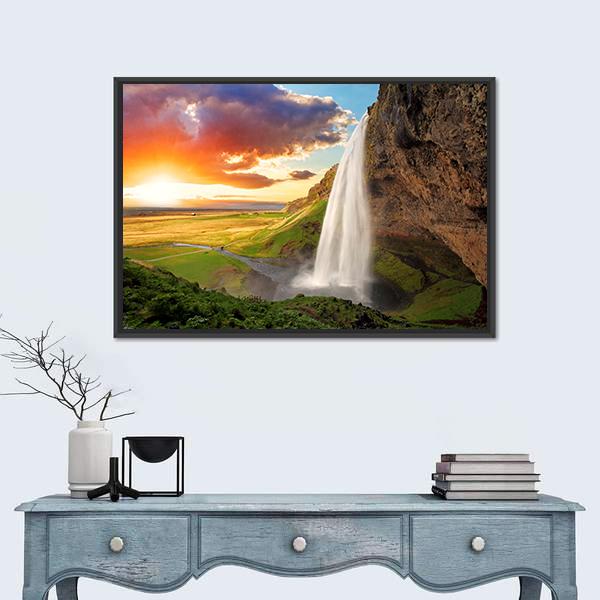 View Of Seljalandsfoss Waterfall In Iceland Canvas Wall Art-1 Piece-Floating Frame-24" x 16"-Tiaracle