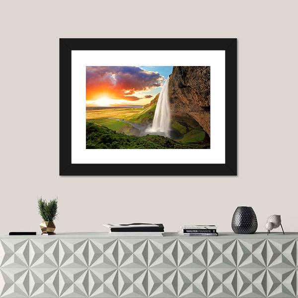 View Of Seljalandsfoss Waterfall In Iceland Canvas Wall Art-1 Piece-Framed Print-20" x 16"-Tiaracle