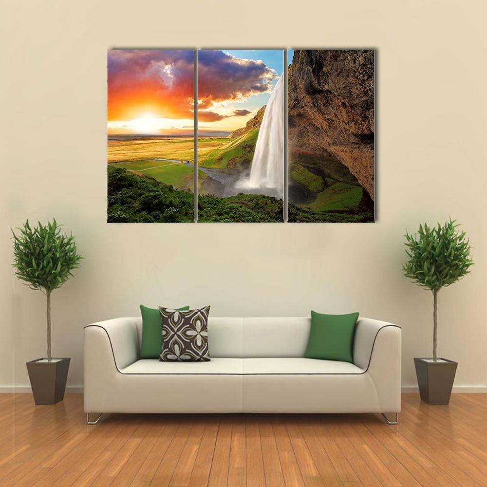 View Of Seljalandsfoss Waterfall In Iceland Canvas Wall Art-4 Pop-Gallery Wrap-50" x 32"-Tiaracle
