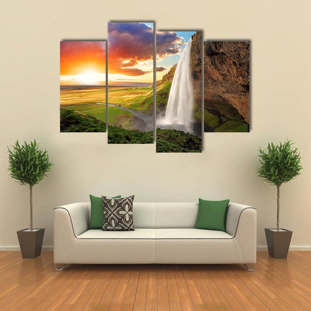 View Of Seljalandsfoss Waterfall In Iceland Canvas Wall Art-4 Pop-Gallery Wrap-50" x 32"-Tiaracle