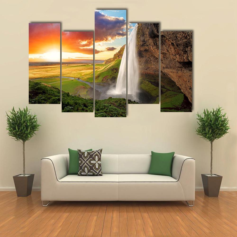 View Of Seljalandsfoss Waterfall In Iceland Canvas Wall Art-5 Pop-Gallery Wrap-47" x 32"-Tiaracle