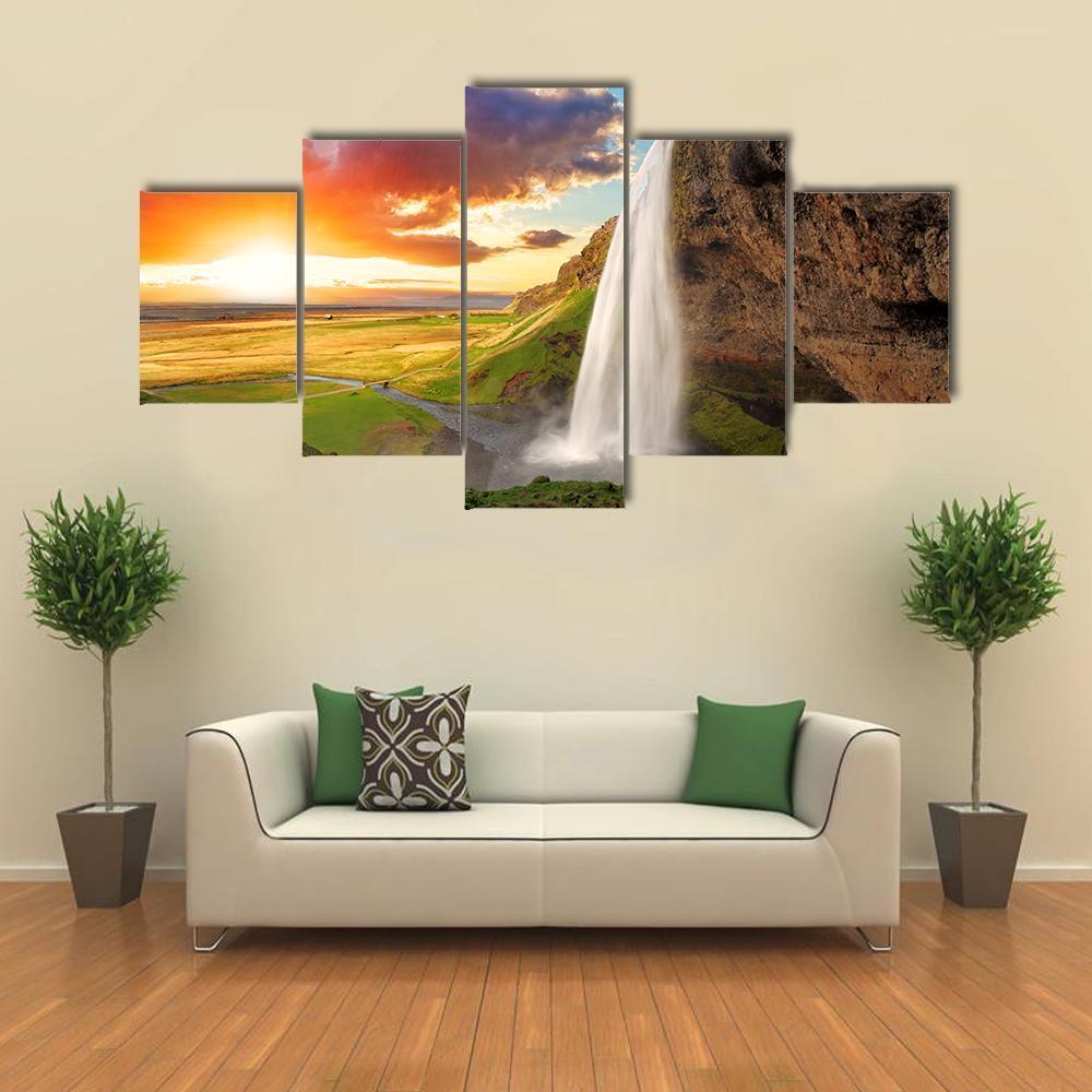 View Of Seljalandsfoss Waterfall In Iceland Canvas Wall Art-5 Star-Gallery Wrap-62" x 32"-Tiaracle