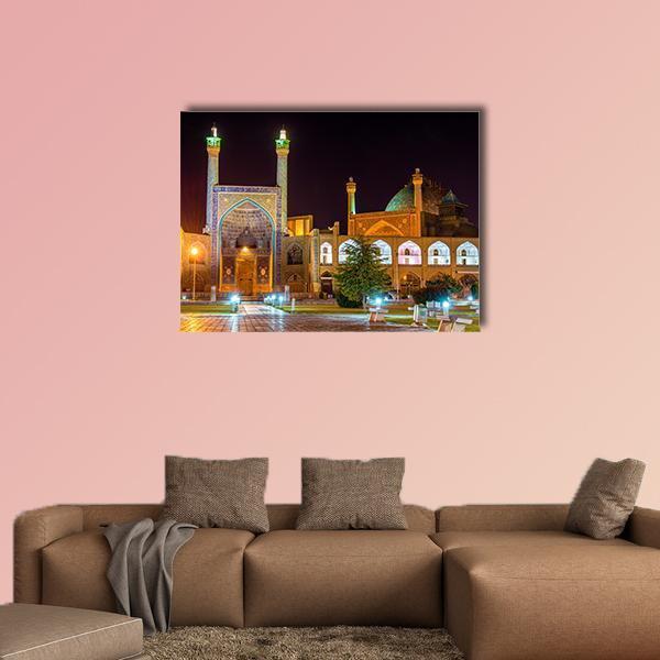 Shah Imam Mosque in Isfahan Night View Canvas Wall Art in black, gold and blue, single panel hung on a wall