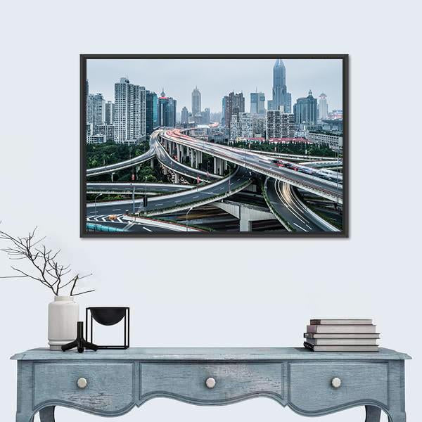 View Of Shanghai Viaduct Night Severe Traffic Congestion Canvas Wall Art-1 Piece-Floating Frame-24&quot; x 16&quot;-Tiaracle