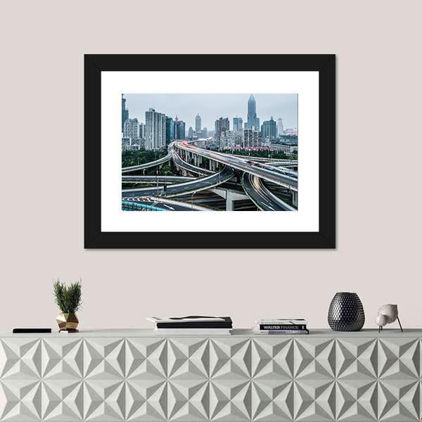 View Of Shanghai Viaduct Night Severe Traffic Congestion Canvas Wall Art-1 Piece-Framed Print-20&quot; x 16&quot;-Tiaracle