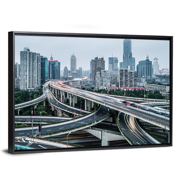 View Of Shanghai Viaduct Night Severe Traffic Congestion Canvas Wall Art-3 Horizontal-Gallery Wrap-25&quot; x 16&quot;-Tiaracle