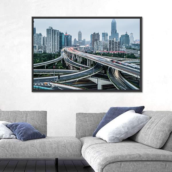 View Of Shanghai Viaduct Night Severe Traffic Congestion Canvas Wall Art-3 Horizontal-Gallery Wrap-25&quot; x 16&quot;-Tiaracle