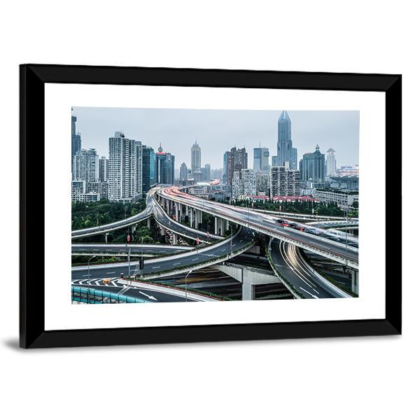 View Of Shanghai Viaduct Night Severe Traffic Congestion Canvas Wall Art-3 Horizontal-Gallery Wrap-25&quot; x 16&quot;-Tiaracle