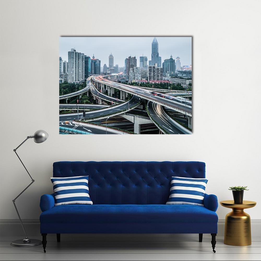 Shanghai Viaduct Night Traffic Canvas Wall Art in white, gray and blue, single panel hung on a wall