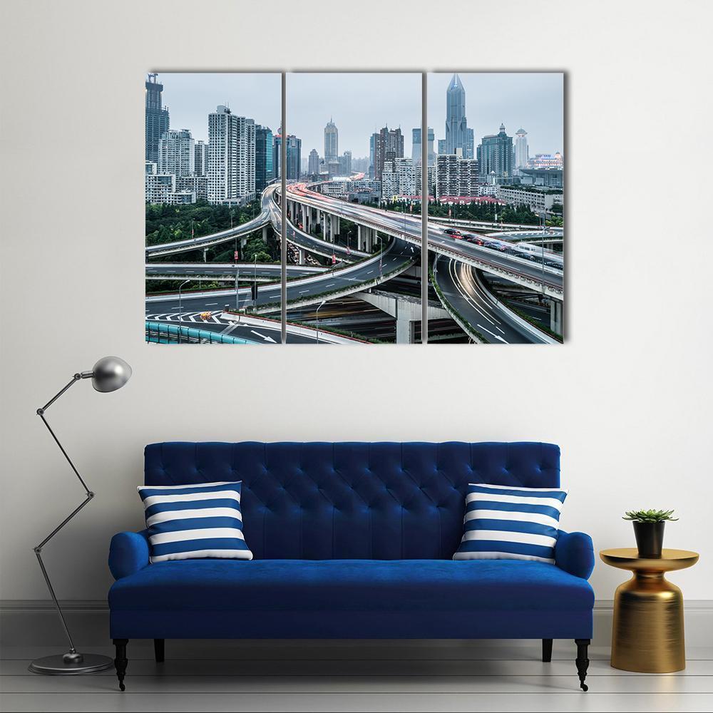 View Of Shanghai Viaduct Night Severe Traffic Congestion Canvas Wall Art-3 Horizontal-Gallery Wrap-37" x 24"-Tiaracle