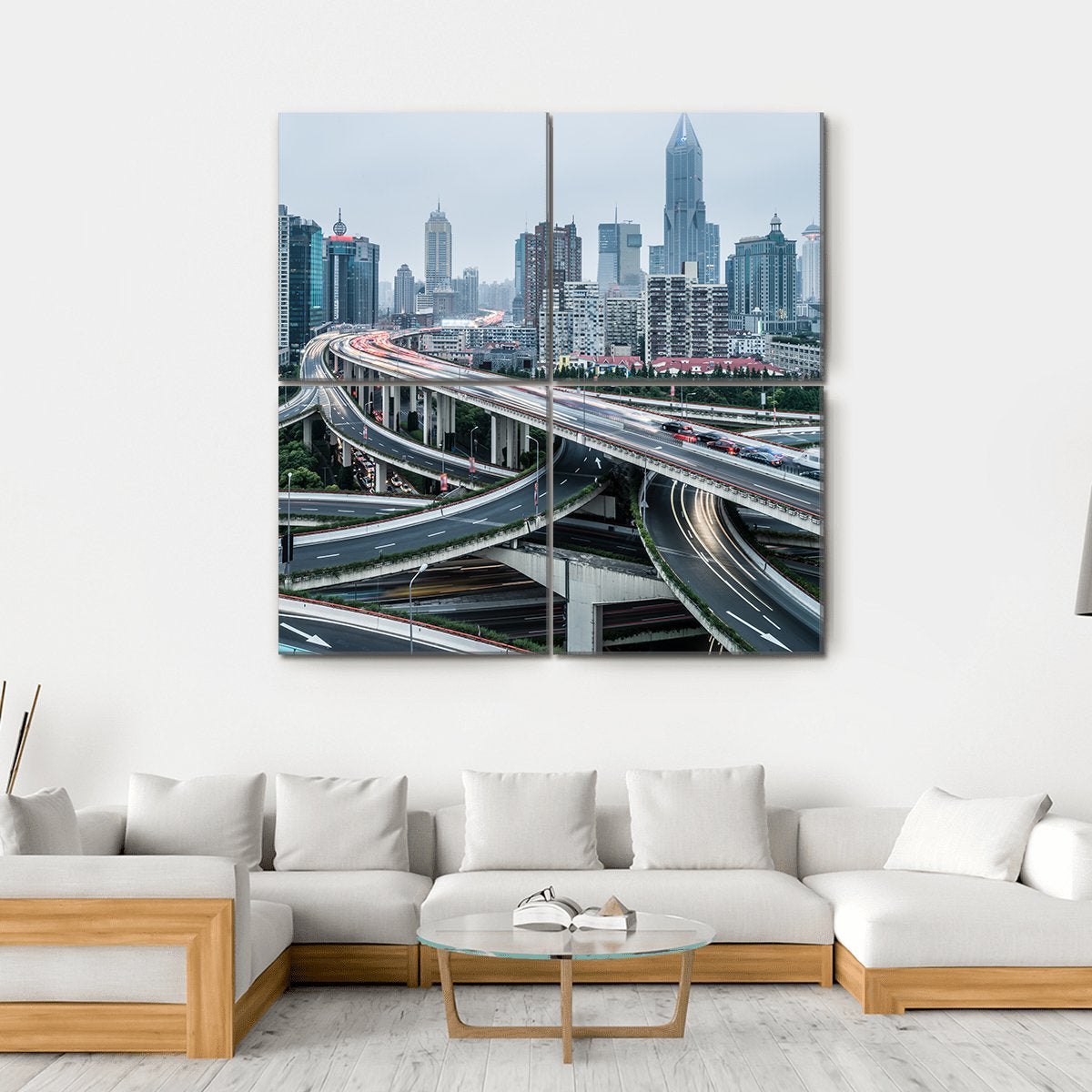 View Of Shanghai Viaduct Night Severe Traffic Congestion Canvas Wall Art-4 Square-Gallery Wrap-17" x 17"-Tiaracle