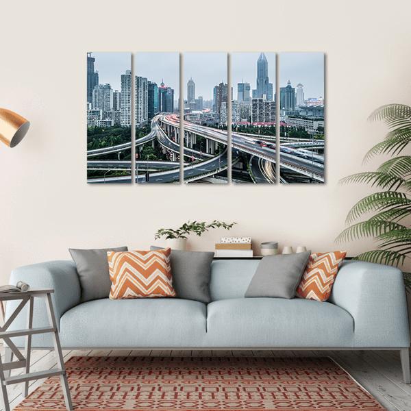 View Of Shanghai Viaduct Night Severe Traffic Congestion Canvas Wall Art-5 Horizontal-Gallery Wrap-22" x 12"-Tiaracle