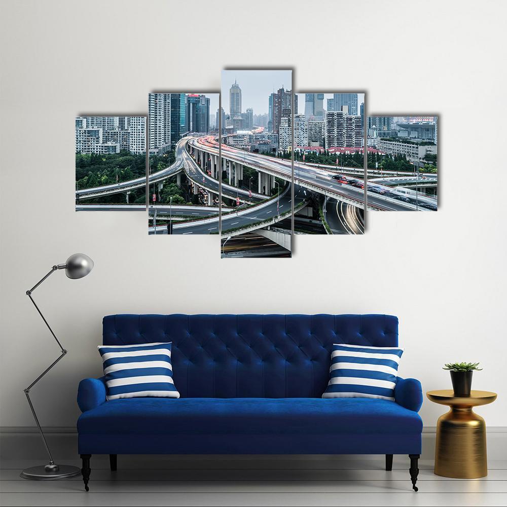 View Of Shanghai Viaduct Night Severe Traffic Congestion Canvas Wall Art-5 Star-Gallery Wrap-62&quot; x 32&quot;-Tiaracle