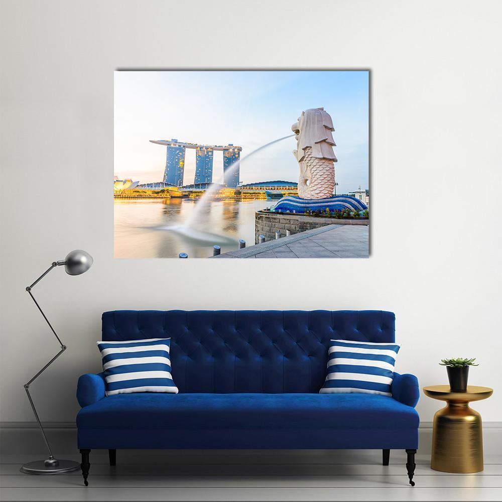 Merlion and Marina Bay Sands, Singapore Canvas Wall Art in white, yellow and blue, single panel hung on a wall
