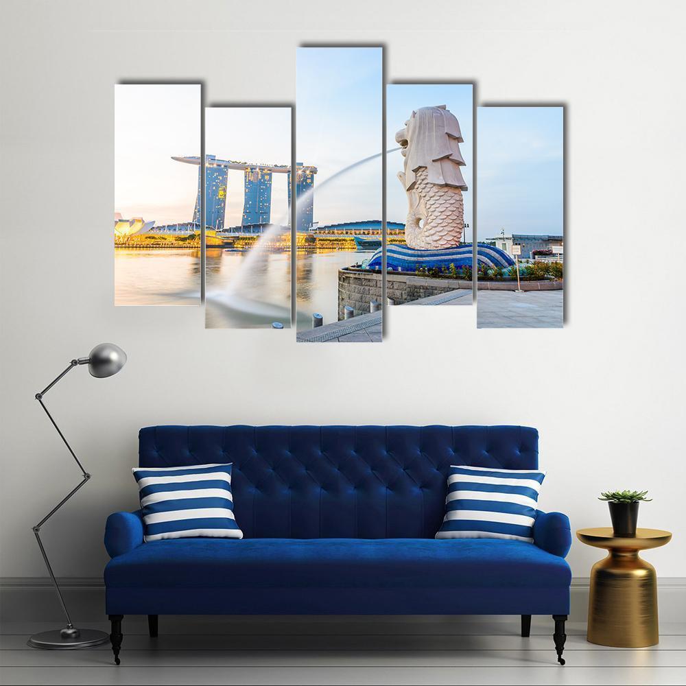 View Of Singapore Skyline Canvas Wall Art-5 Pop-Gallery Wrap-47" x 32"-Tiaracle