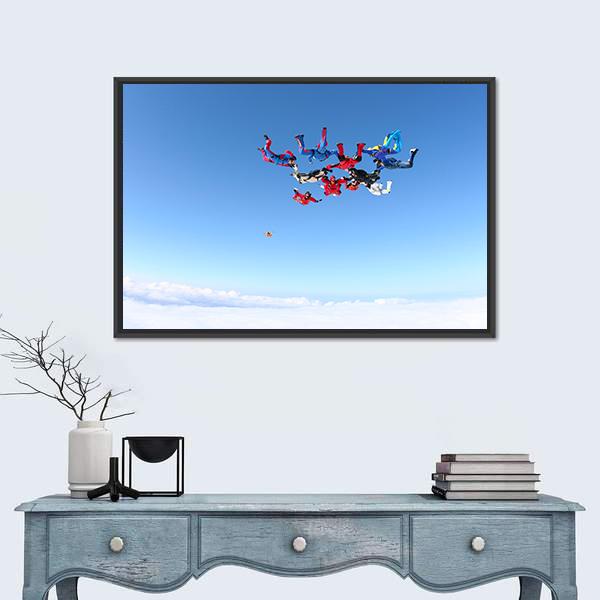 View Of Skydivers Under Blue Sky Canvas Wall Art-1 Piece-Floating Frame-24" x 16"-Tiaracle