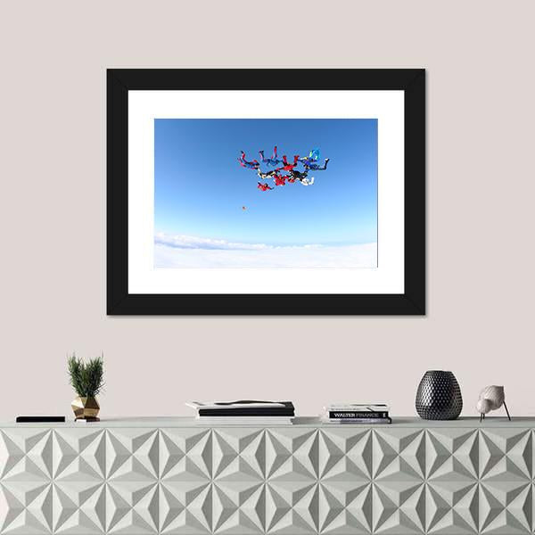 View Of Skydivers Under Blue Sky Canvas Wall Art-1 Piece-Framed Print-20" x 16"-Tiaracle