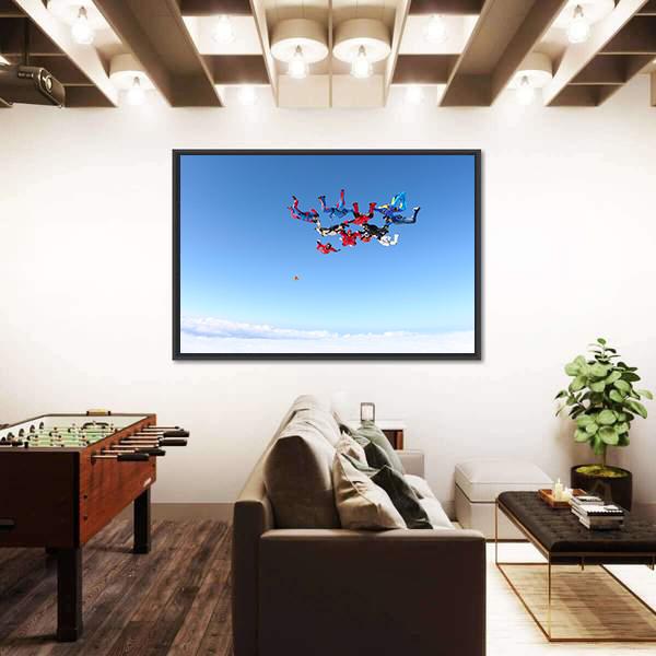 View Of Skydivers Under Blue Sky Canvas Wall Art-3 Horizontal-Gallery Wrap-25" x 16"-Tiaracle