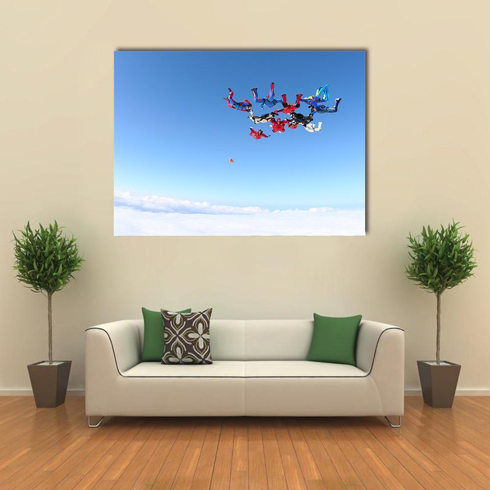 View Of Skydivers Under Blue Sky Canvas Wall Art-1 Piece-Gallery Wrap-48" x 32"-Tiaracle