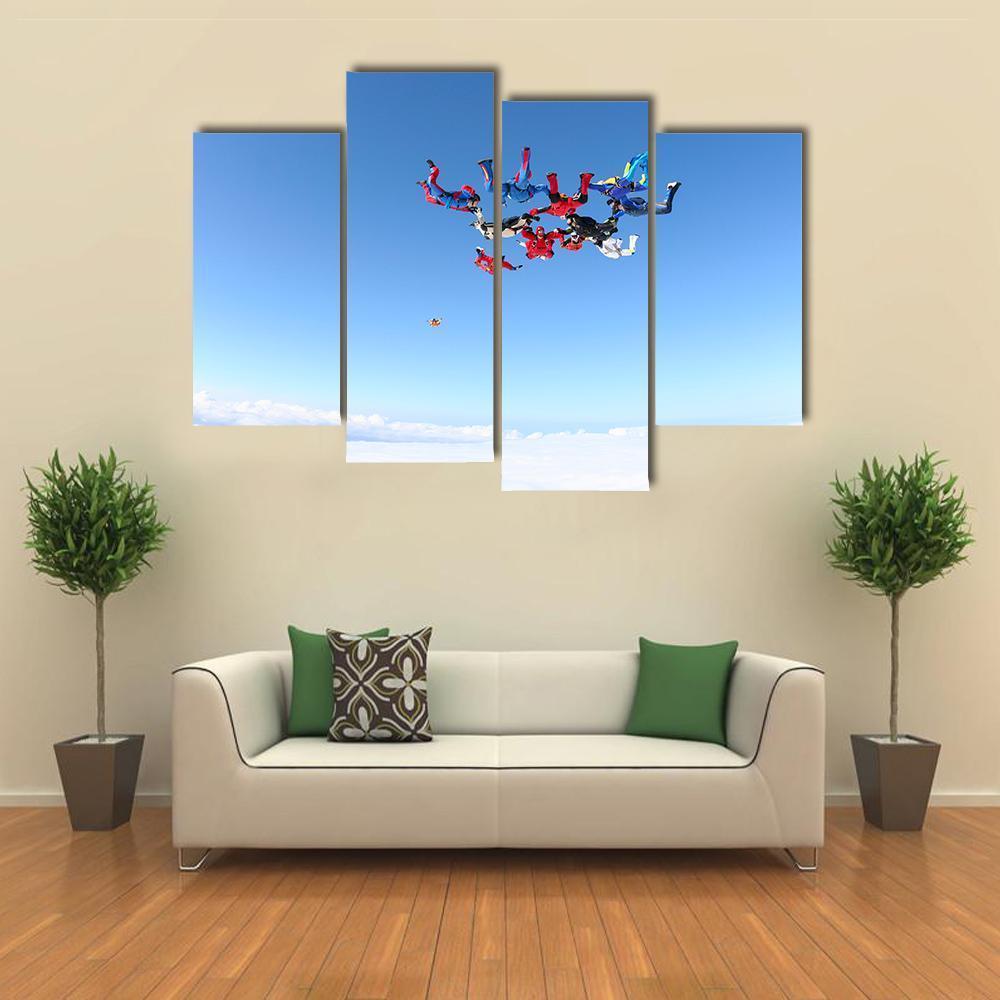 View Of Skydivers Under Blue Sky Canvas Wall Art-4 Pop-Gallery Wrap-50" x 32"-Tiaracle