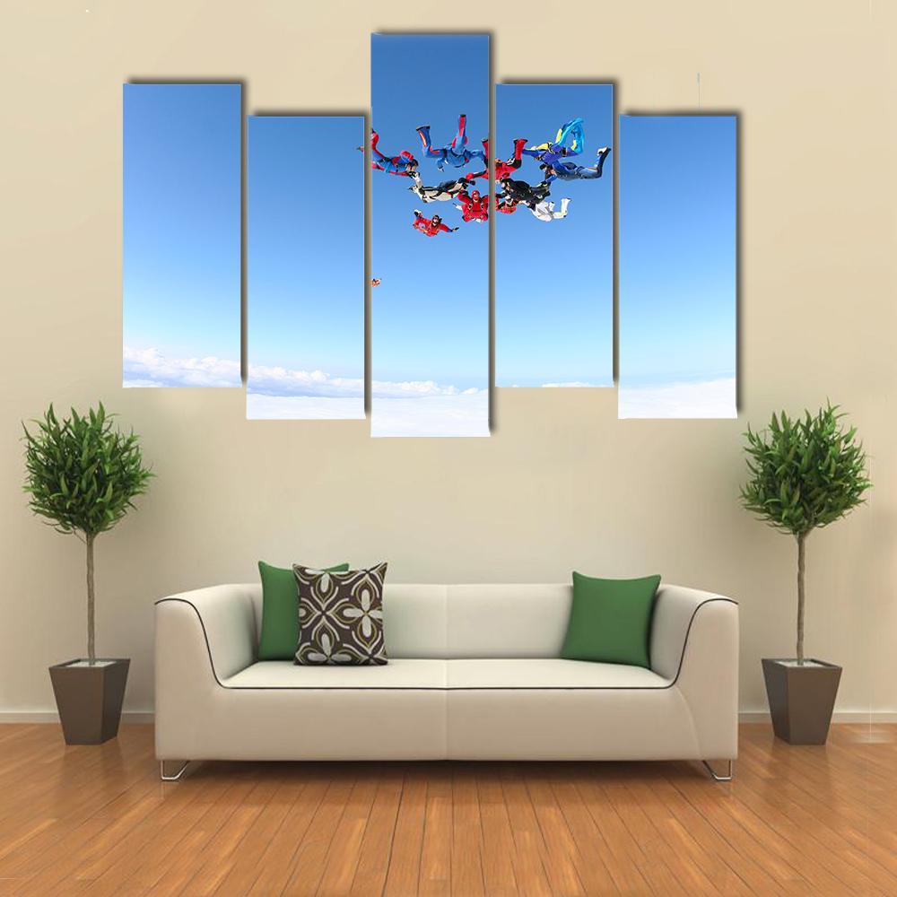 View Of Skydivers Under Blue Sky Canvas Wall Art-5 Pop-Gallery Wrap-47" x 32"-Tiaracle